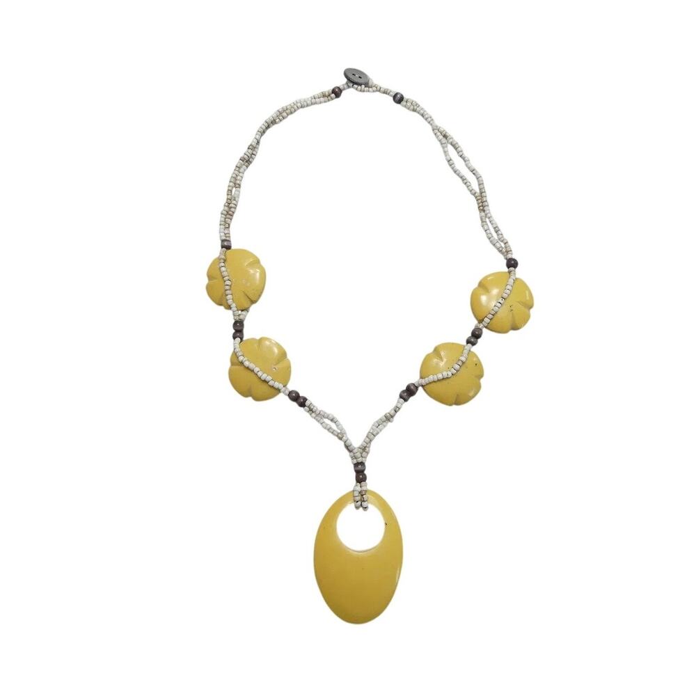 Vintage Chunky Yellow Bakelite & Seed Bead Geometric Boho Necklace